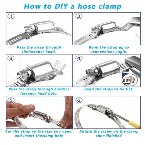 304 stainless hose clamp kit with 12 ft strap and 10 fasteners; instructional collage.