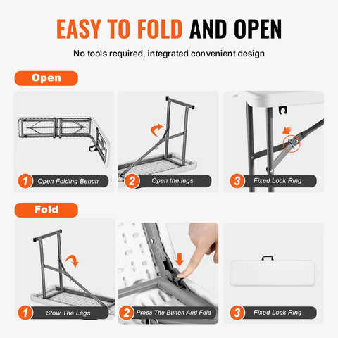 Folding instructions for Six Foot Plastic Folding Bench Set With Handles, Portable HDPE Waterproof Outdoor Seating, 2 Pack