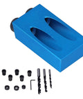 Straight Up Game Changer 15 Degree Oblique Hole Drilling Jig Kit 14 Piece Drill Guide Locator components with blue jig and drill bits.
