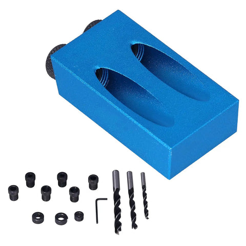 Straight Up Game Changer 15 Degree Oblique Hole Drilling Jig Kit 14 Piece Drill Guide Locator components with blue jig and drill bits.