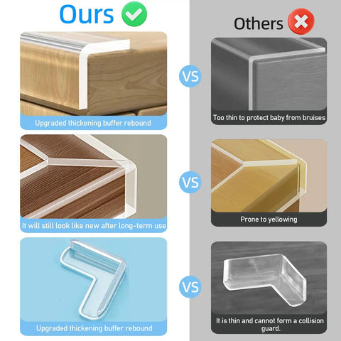 Image comparing Ultra Clear Baby Proofing Kit edge guards with inferior products, highlighting thickness and durability.