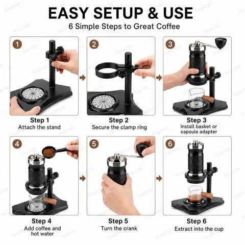 Easy setup steps for Portable Hand Crank Espresso Maker Kit With Secure Base Stand And Adjusting Pressure Settings.