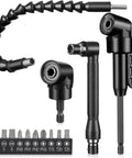 Flexible Drill Bit Extension Set With One Quarter Inch Hex Shank Bendable Extension And 105 Degree Right Angle Adapters 14 Piece Kit