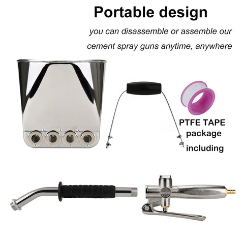 Heavy Duty Pneumatic Stucco Spray Gun With Four Jet Nozzle For Smooth Slap On Plaster Finish Air Powered Mortar Hopper Sprayer view with nozzle and hopper.