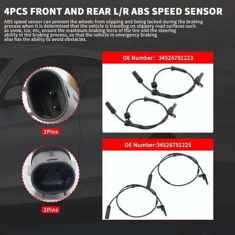Four Piece Abs Wheel Speed Sensor Kit For Bmw Front And Rear Anti Lock Braking System showing connectors and wiring details.