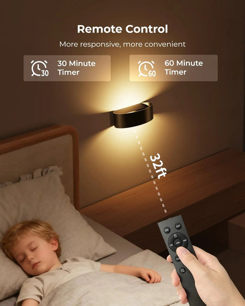 Motion Sensor Wall Light With 5000Mah Battery And Remote Featuring 15 Rgb And Three Warm Modes Dimmable Wireless Sconces in bedroom setting.