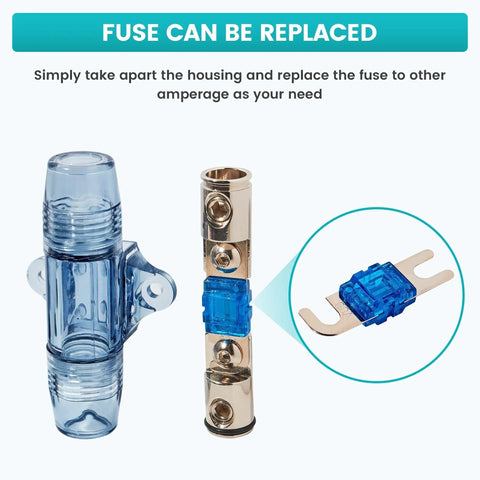 Bulletproof 60 Amp Inline Anl Fuse Holder for Car Audio showing replaceable fuse and connectors for 4, 6, 8 gauge wiring.