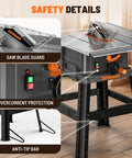 10 Inch Table Saw With Stand showing safety details like saw blade guard, overcurrent protection, and anti-tip bar.