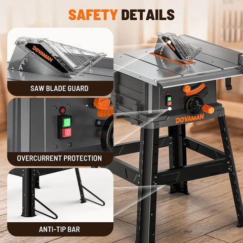 10 Inch Table Saw With Stand showing safety details like saw blade guard, overcurrent protection, and anti-tip bar.