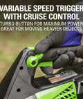 Close-up of 80V Cordless Axial Leaf Blower showing variable speed trigger and cruise control button