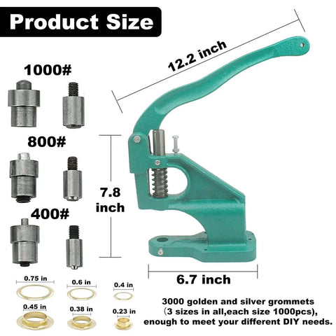 Heavy Duty Hand Press Grommet Kit With Punch Tool And Rubber Hammer Includes 3 Dies 0 2 4 And 3000 Silver And Gold Grommets Size Chart