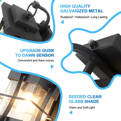 Ultra Durable Dusk To Dawn Outdoor Wall Light In Black Finish With Seeded Glass Shade IP65 Waterproof features