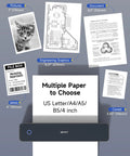 Grab And Go Portable Thermal Printer With 300Dpi Resolution Prints Docs On The Fly With Zero Ink Hassle Smooth Bluetooth Syncing For Fast Office Home Or Road Trips Supports Us Letter A4 Page Formats In Clean Black showing multiple paper types.