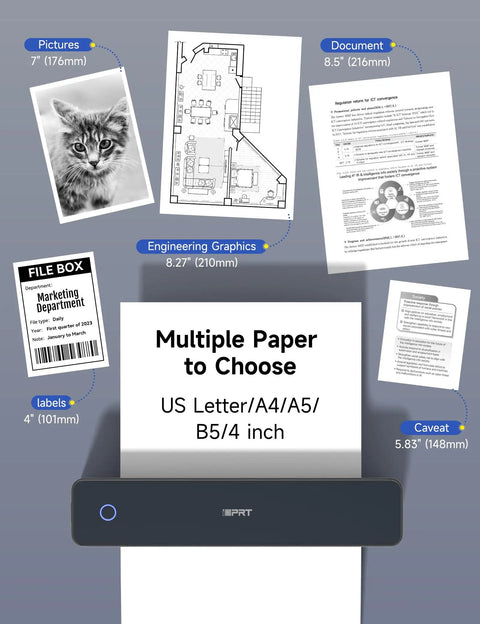 Grab And Go Portable Thermal Printer With 300Dpi Resolution Prints Docs On The Fly With Zero Ink Hassle Smooth Bluetooth Syncing For Fast Office Home Or Road Trips Supports Us Letter A4 Page Formats In Clean Black showing multiple paper types.