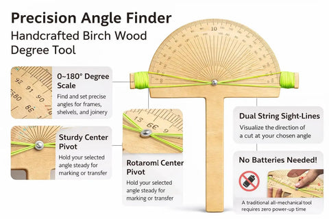 Heavy Duty Angle Finder Ruler And Protractor Tool For No Sweat Woodworking Layouts With Crisp Degree Markings And Secure Pivot Lock For Sweet Cuts On Lumber Or Trim, handcrafted birch with dual string sight lines.