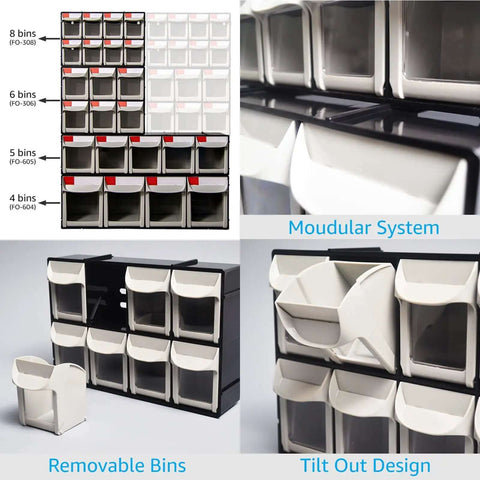 Stackable Eight Drawer Tool Organizer With Tilt Out Drawers For Small Parts, Workshop And Garage Cabinet, Black modular system