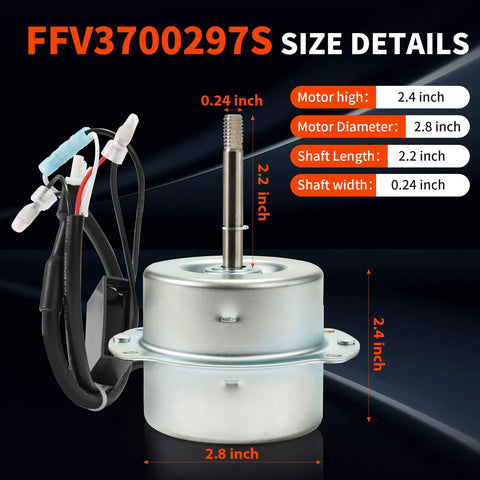 Front view of Bathroom Exhaust Fan Motor Replacement For FV08VQ3 FV11VQ3 FV11VH2 FV11VHL2 FVLP003 120V 1750 RPM With Two Pin Plug DIY Friendly Easy Install Quiet Operation Replacement Part FFV3700297S with size details