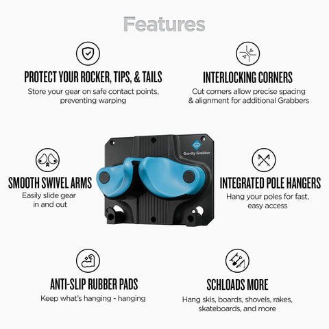 Features of the Ultimate Ski and Snowboard Wall Rack With Gravity Locking Design For Secure Non Slip Garage Storage That Fits Any Ski