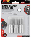 Front view of Performance Tool W1336 brake caliper hex bit set in blister pack; includes 1/4, 5/16 and 3/8 in hex bits.