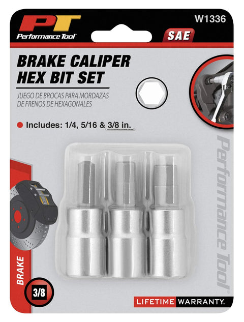 Front view of Performance Tool W1336 brake caliper hex bit set in blister pack; includes 1/4, 5/16 and 3/8 in hex bits.