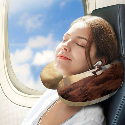 Woman using Rock Climbing Inspired Travel Pillow For Neck Support Ergonomic U Shaped Memory Foam Pillow on airplane