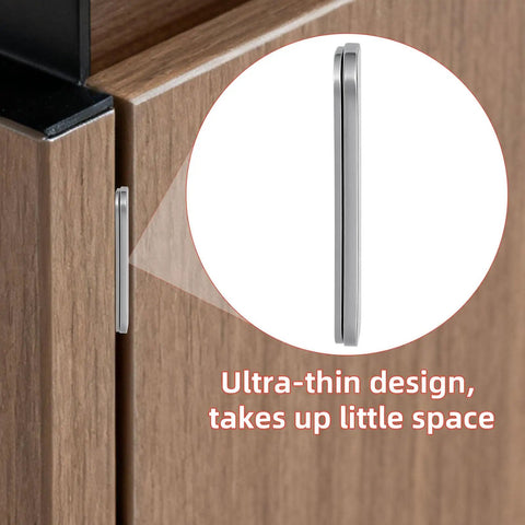 Installed 6 Pack Ultra Thin Magnetic Cabinet Door Catches No Drill, Punch Free Stainless Steel, Invisible Adhesive Drawer Magnets on cabinet