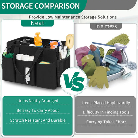 Wearable Cleaning Caddy Bag Pro Grade With Adjustable Shoulder Strap Large Capacity Organizer For Housekeepers And Cleaners Portable Kitchen Cleaning Supplies Carrier Black shown in tidy vs messy comparison