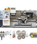 Hardcore Mini Metal Lathe 7x12 Inch Benchtop Workhorse With a Slick Quiet 600 Watt DC Motor and Smooth Variable Speed 50 to 2500 RPM and accessories.