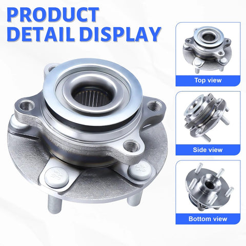 Front Wheel Hub Bearing Assembly Fits Nissan Rogue 2008-2013, Rogue Select 2014-2015, And Sentra 2007-2012 Front FWD And AWD With ABS 5 Lug Drop In OE Replacement 513298 shown in top, side, and bottom views