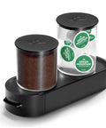 K Cup Pod And Ground Coffee Storage Organizer with Airtight Glass Canisters, holds 12 oz ground coffee and 12 K Cups, black countertop
