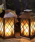 Two Pack 14 Inch Solar Lantern For Outdoor Garden Hanging Use Waterproof LED Flickering Flameless Candles with antique copper finish