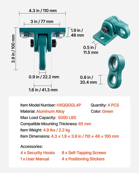Product dimensions for Four Pack Heavy Duty Swing Hangers with screws, bolts included, aluminum alloy, 1250 lbs each load capacity.