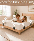 Six Pack Heavy Duty Mattress Slide Stoppers Lock Down Metal Beds Tight Adjustable Anti Slip Bed Grippers on a bed with kids playing.