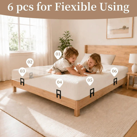 Six Pack Heavy Duty Mattress Slide Stoppers Lock Down Metal Beds Tight Adjustable Anti Slip Bed Grippers on a bed with kids playing.