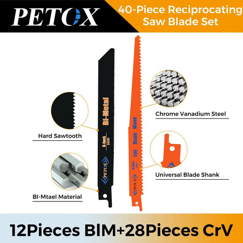 40 Piece Reciprocating Saw Blades Set For Metal Wood Plastic Cutting With Organizer Pouch, Chrome Vanadium Steel Blades