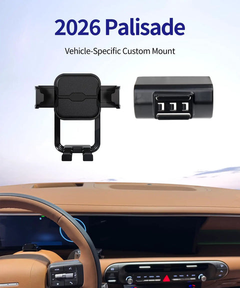 Custom Fit Auto Clamp Phone Mount For Hyundai Palisade 2026 with dashboard view and smartphone holder features.