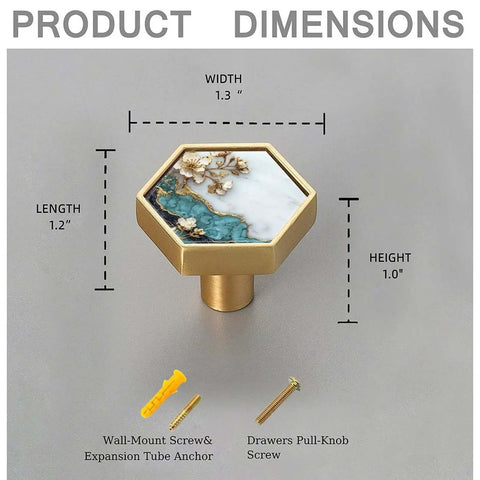 Set Of 4 Hex Cabinet Knobs Made Of Solid Brass With Marble And Gold Cherry Blossom Accents, showing dimensions and screws.