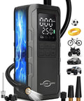 Portable Tire Inflator Air Compressor With 7500mAh Battery, 150 PSI Cordless Pump, digital display, and accessory nozzles.