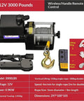 Heavy Duty 3000 Lbs Electric Winch With Wireless Remote And Synthetic Rope For ATV, Truck, SUV Recovery, Boat Trailer Pulling Off Road Adventures Shop Fixes, displaying winch with synthetic rope and remote control.