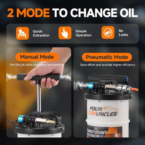 FOUR UNCLES 6.5L oil extractor with manual and pneumatic modes; white canister and 4 tubes