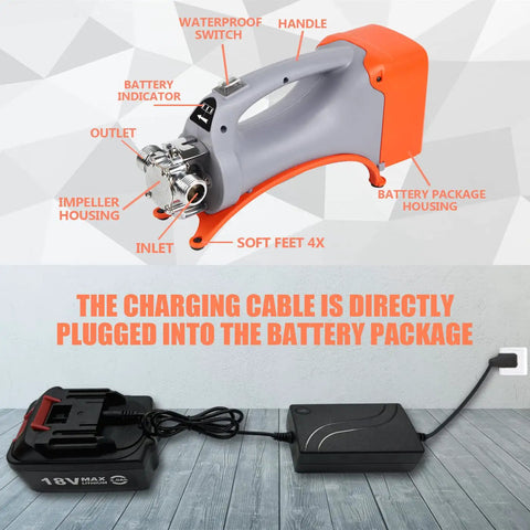 Cordless 18V Water Transfer Sump Pump Kit with charging cable plugged into battery, showing components and features.