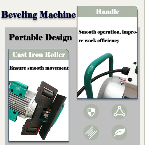 Slick Portable Electric Steel Plate Beveling Machine With Adjustable 30 To 60 Degree Angles For Weld Prep On Stainless Cast Iron And Steel, featuring cast iron roller and handle design.