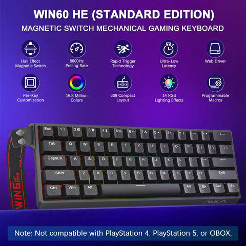 Slick Sixty Percent Wired Mechanical Keyboard Featuring Hall Effect Magnetic Switches With Adjustable Rapid Trigger Mode And An Insanely Fast 8000Hz Polling Rate Plus Hotswappable Pcb And Fully Customizable Rgb For Gamers Locked Into Dominant Gameplay, showing compact layout and RGB effects.