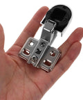 Hand holding heavy duty glass door cabinet hinges 26mm 2 pack soft close cupboard replacement hinges for display cabinets.
