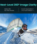 Person hang gliding with 8K Panoramic 360 Camera For Vlogs And Adventure Shots With 1 Inch Sensor Equivalent 100MP high over snowy mountains.