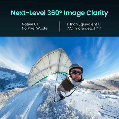 Person hang gliding with 8K Panoramic 360 Camera For Vlogs And Adventure Shots With 1 Inch Sensor Equivalent 100MP high over snowy mountains.
