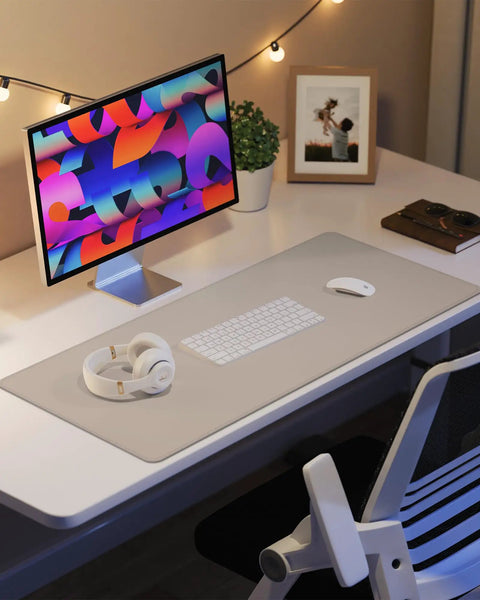 Beige PU Leather Desk Pad Protector And Mouse Pad Large 31.5 By 15.7 Inch Non Slip Waterproof Desk Mat on desk with monitor