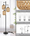 Boho Rattan Tree Floor Lamp With Three Edison Bulbs, tall black stand, woven rattan lampshade, adjustable heads, 65 inches high