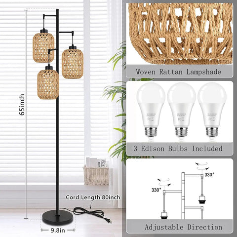 Boho Rattan Tree Floor Lamp With Three Edison Bulbs, tall black stand, woven rattan lampshade, adjustable heads, 65 inches high