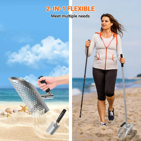 Woman using Long Handle Sand Scoop With Shovel For Metal Detecting At The Beach Heavy Duty Stainless Steel Beach Digging Tool